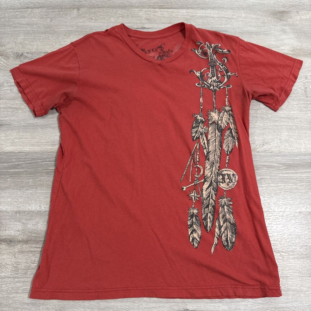 Lynx Shirt Men's Red V Neck Eagle Skull Feather Tattoo Biker Large Tee